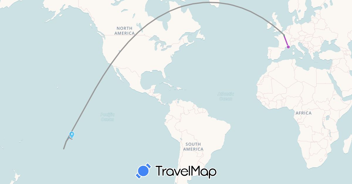 TravelMap itinerary: driving, bus, plane, train, hiking, boat in France, French Polynesia, United States (Europe, North America, Oceania)